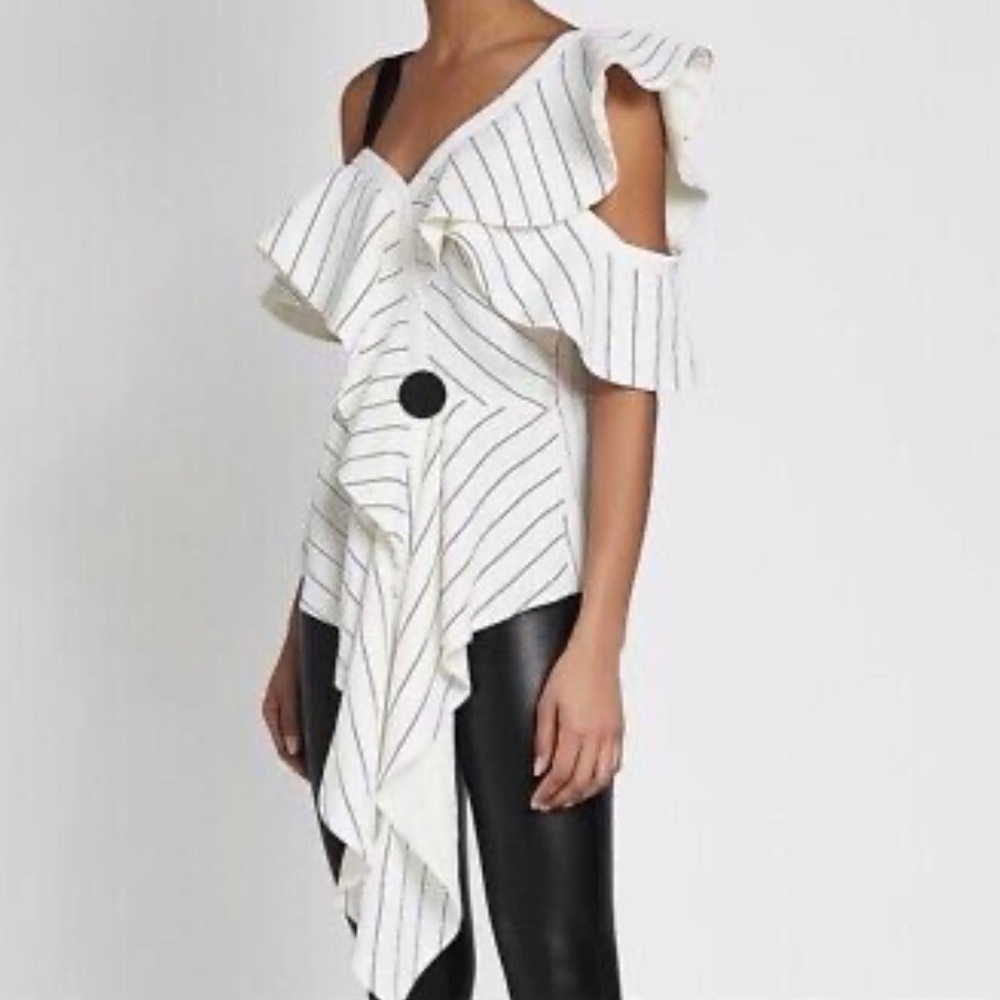 Self Portrait Mono Striped Ruffle Cold Shoulder Top Size 4